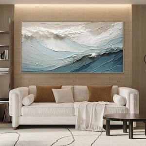 3D strukturiertes Gemälde auf Leinwand Blauer Ozean Minimalistische Malerei Sea Wave Painting Wabi-Sabi Wandkunst Schlafzimmer-Wand-Dekor Mode Kunst Bild 3
