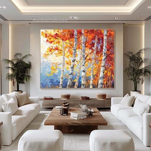 Puede incluir: Una pintura de un bosque de abedules en oto&ntilde;o. Los &aacute;rboles est&aacute;n pintados en tonos de naranja, amarillo y rojo, con troncos blancos. El fondo es un cielo azul con nubes blancas.