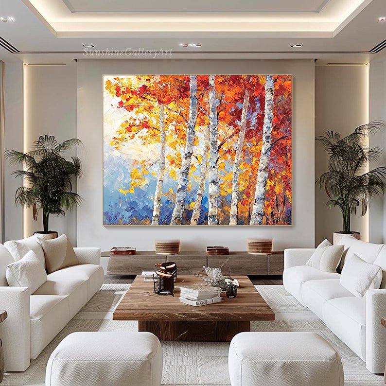 Puede incluir: Una pintura de un bosque de abedules en oto&ntilde;o. Los &aacute;rboles est&aacute;n pintados en tonos de naranja, amarillo y rojo, con troncos blancos. El fondo es un cielo azul con nubes blancas.