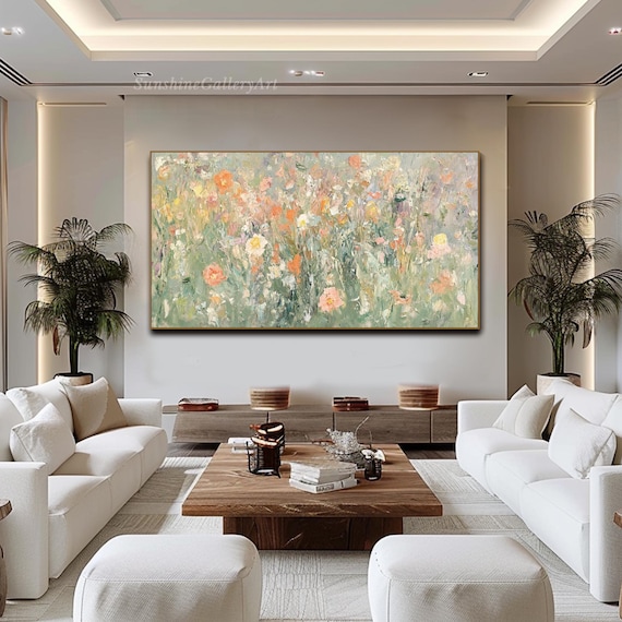 Nature Wildflower Oil Painting On Canvas Large Botanical Textured Wall Art Spring Meadow Living Room Wall Art Modern Garden Wall Art