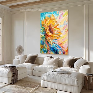 May include: A colorful abstract painting of a sunflower with yellow petals and a brown center. The background is a mix of blue, green, pink, and white.