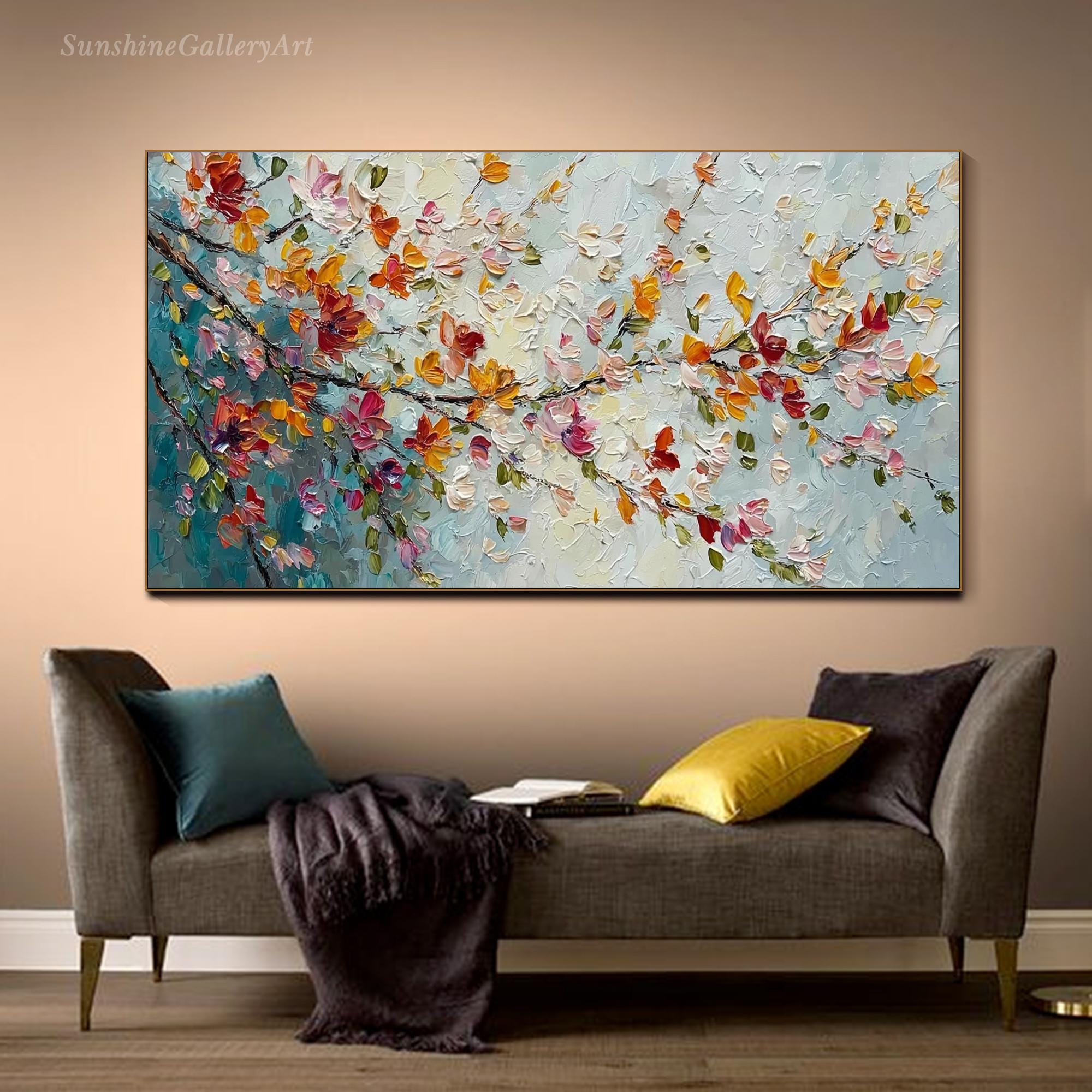 Abstract Floral Oil Painting on Canvas Textured Wall Art Colorful ...
