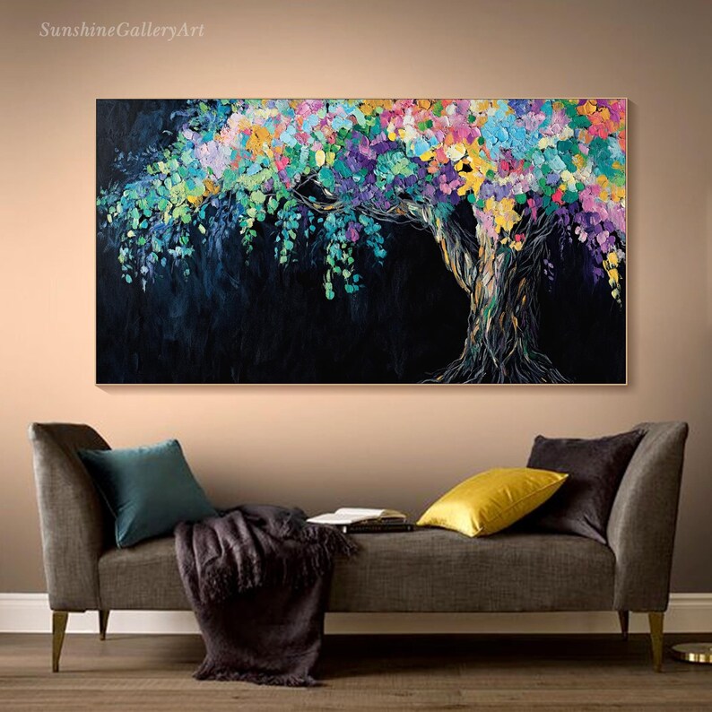 Original Floral Tree Painting on Canvas 3D Colorful Nature Textured