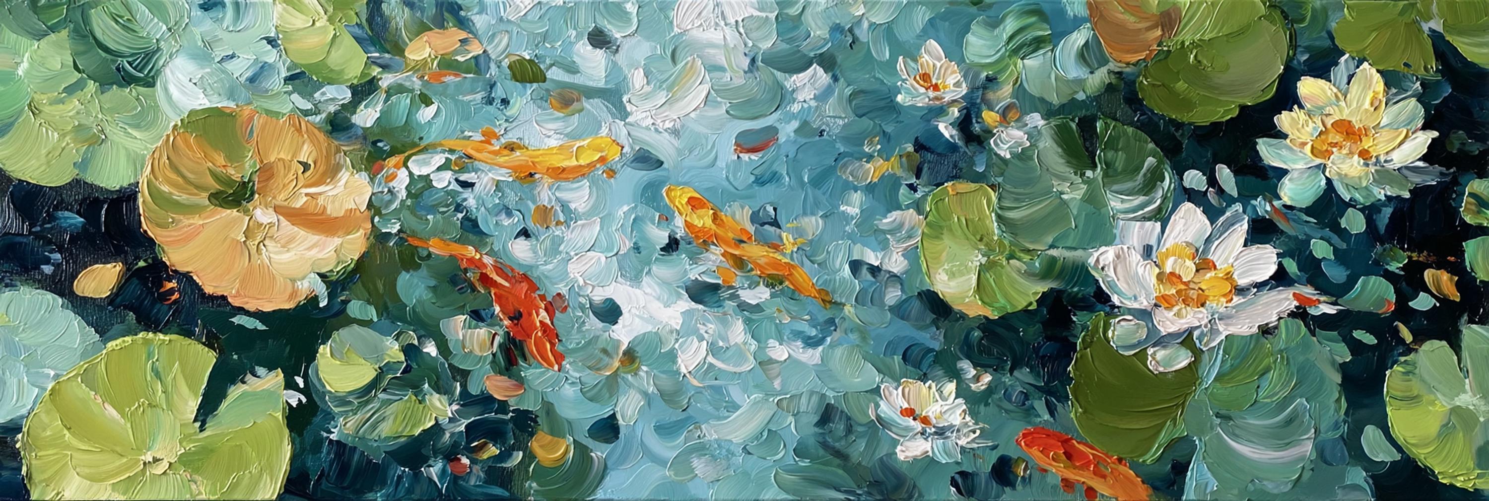 Koi Fish Pond Painting on Canvas Water Lily Textured Wall Art Zen ...