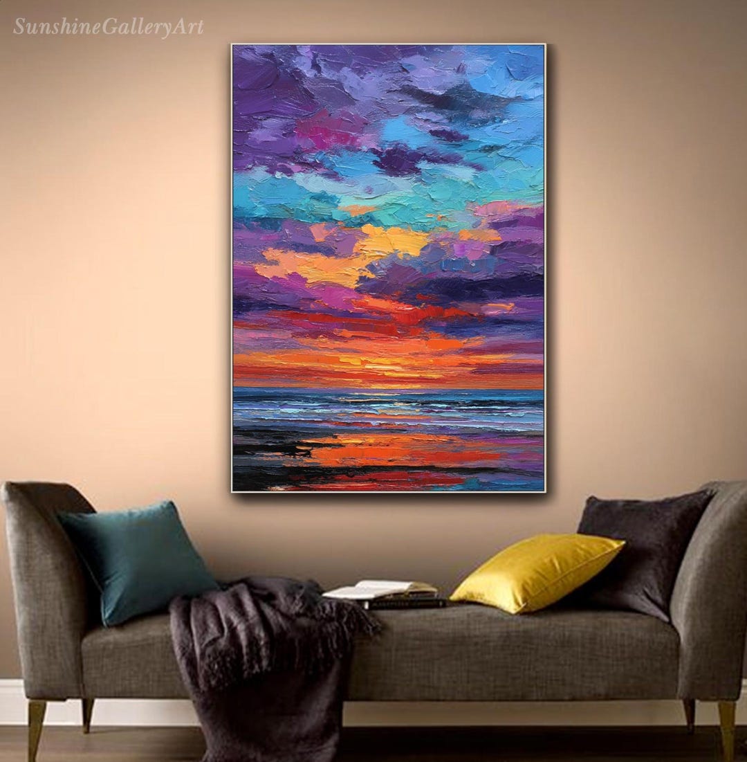 Sunset Ocean Oil Painting on Canvas Colorful Impasto Seascape Textured ...