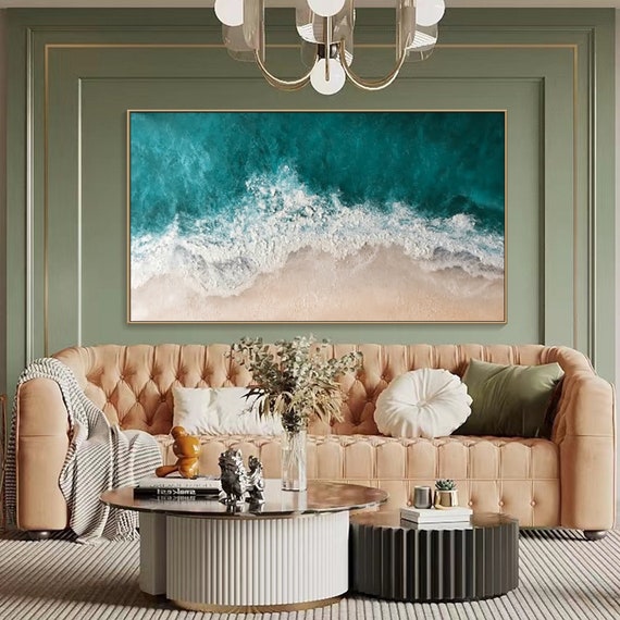 3D Textured Painting on Canvas Blue ocean Minimalist Painting Sea Wave Painting Wabi-Sabi Wall Art Morden Art Bedroom Wall Decor Fashion Art