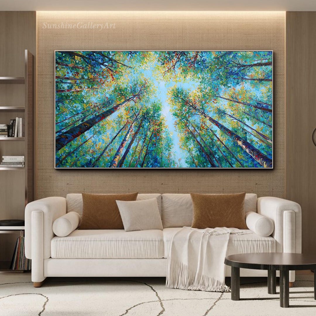 Forest Landscape Painting on Canvas Textured Wall Art Tree Canopy Sky ...