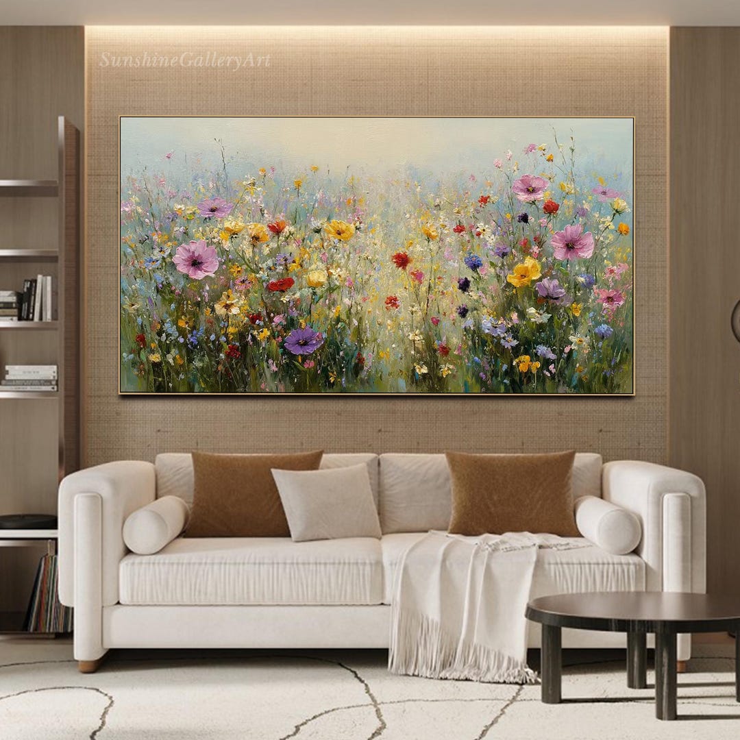 Impressionist Wildflower Field Oil Painting Large Floral Landscape Wall ...