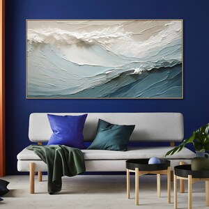 3D strukturiertes Gemälde auf Leinwand Blauer Ozean Minimalistische Malerei Sea Wave Painting Wabi-Sabi Wandkunst Schlafzimmer-Wand-Dekor Mode Kunst Bild 2
