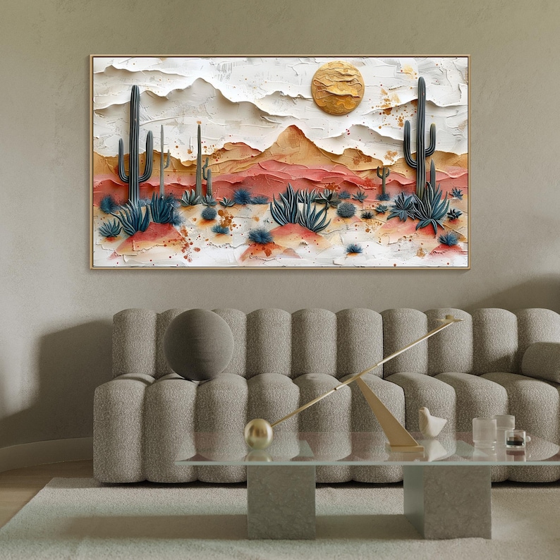 May include: A textured painting of a desert landscape with a golden sun, mountains, and cacti in shades of blue, green, and red.
