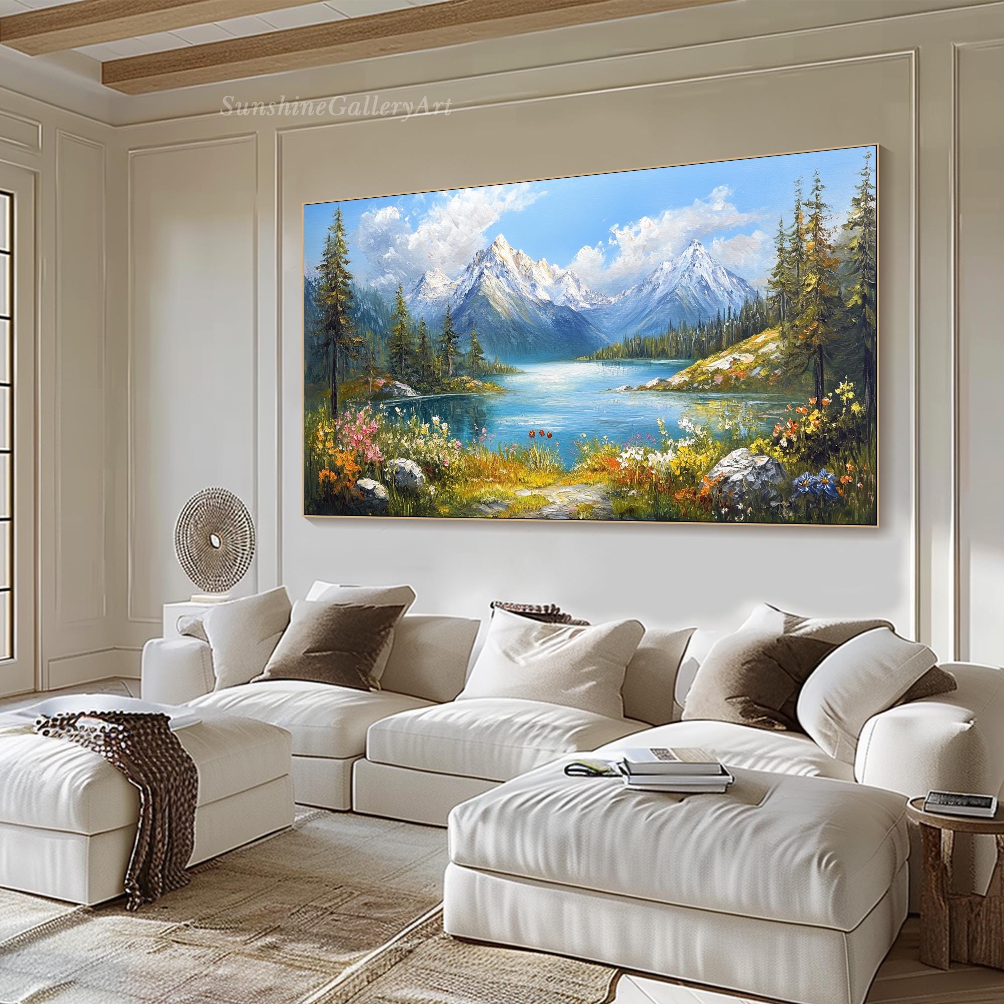 Mountain Lake Oil Textured Wall Art Nature Painting on Canvas Snowy ...