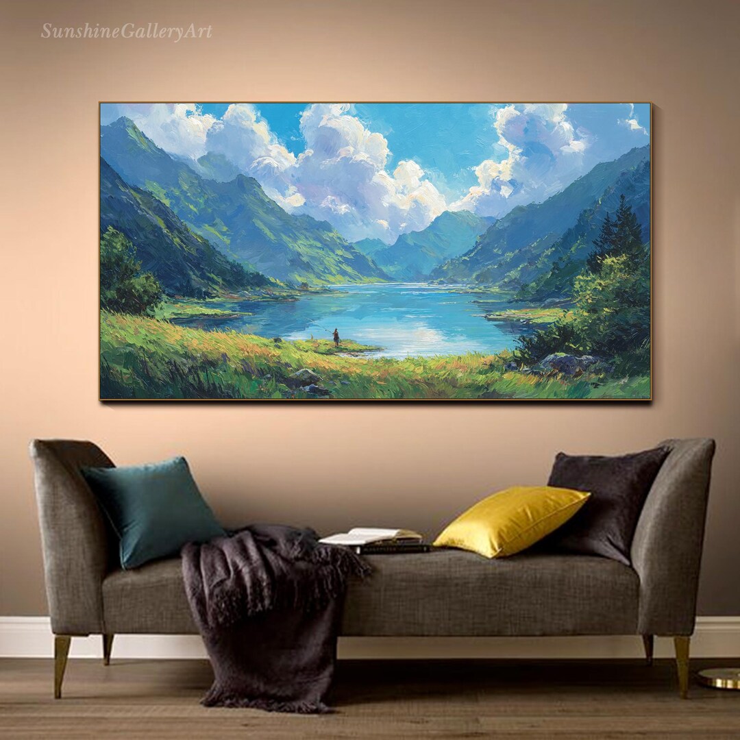 Mountain Lake Oil Painting on Canvas Textured Wall Art Impasto Nature ...