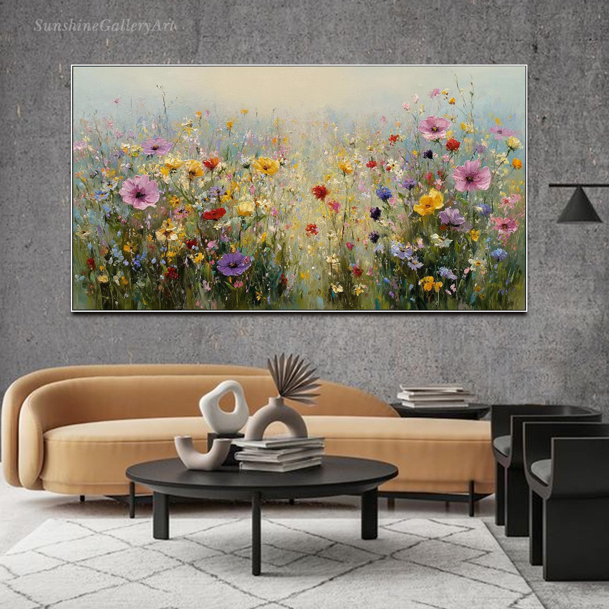 Impressionist Wildflower Field Oil Painting Large Floral Landscape Wall ...