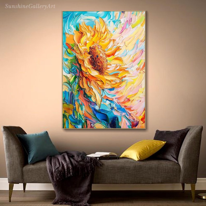 Sunflower Oil Painting On Canvas Colorful Floral Textured Wall Art Vibrant Impasto Artwork Bright Summer Bloom Wall Art Living Room Wall Art image 1