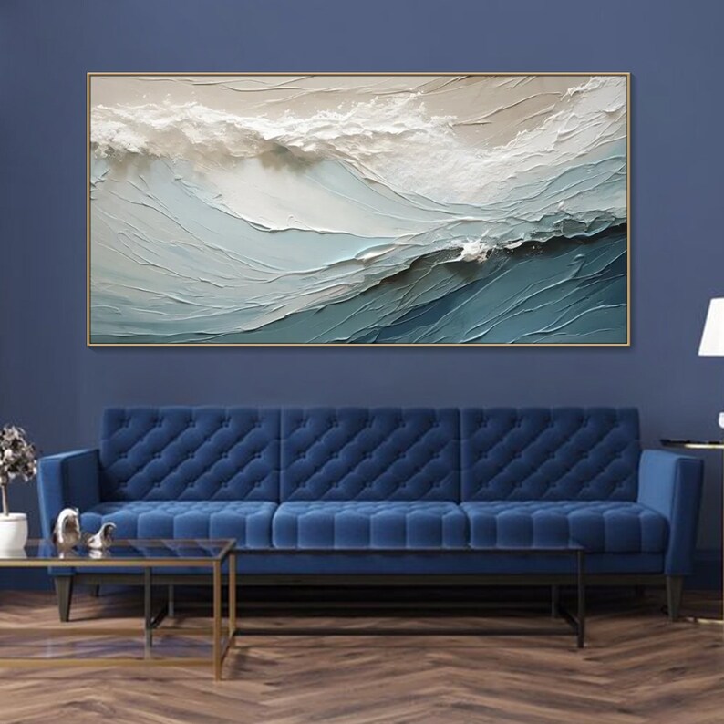 3D strukturiertes Gemälde auf Leinwand Blauer Ozean Minimalistische Malerei Sea Wave Painting Wabi-Sabi Wandkunst Schlafzimmer-Wand-Dekor Mode Kunst Bild 1