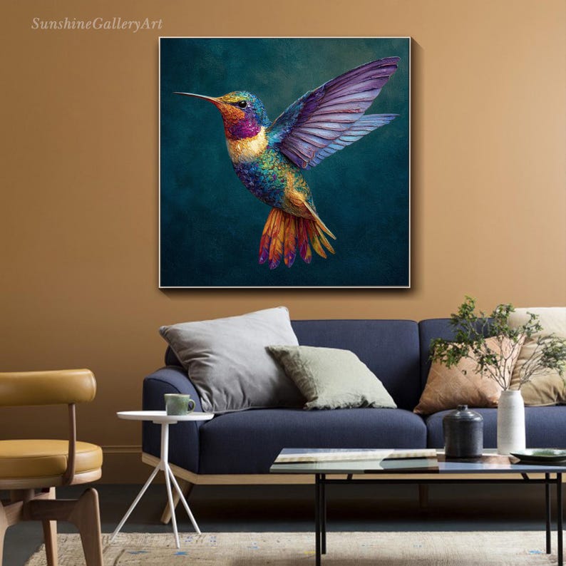 Colorful Hummingbird Painting on Canvas Textured Bird Wall Art Impasto ...