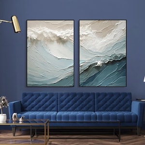 3D Textured Painting on Canvas Blue ocean Diptych Minimalist Painting Sea Wave Painting Wabi-Sabi Wall Art Morden Art Bedroom Wall Decor image 10