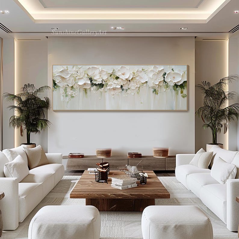 Flower Painting on Canvas 3D White Roses Textured Wall Art Elegant