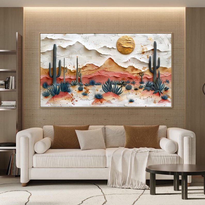 May include: A textured painting of a desert landscape with cacti, mountains, and a sun in the sky. The painting is done in shades of brown, orange, and white.