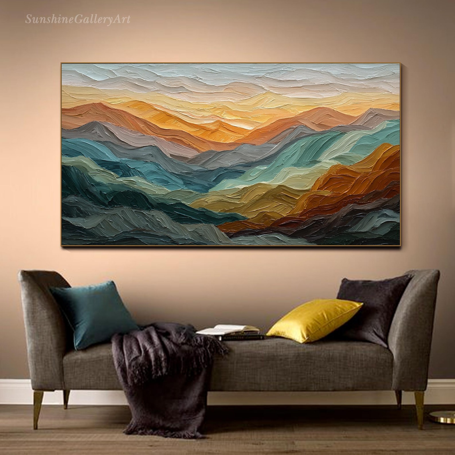Abstract Mountain Landscape Painting on Canvas Panoramic Textured Wall ...