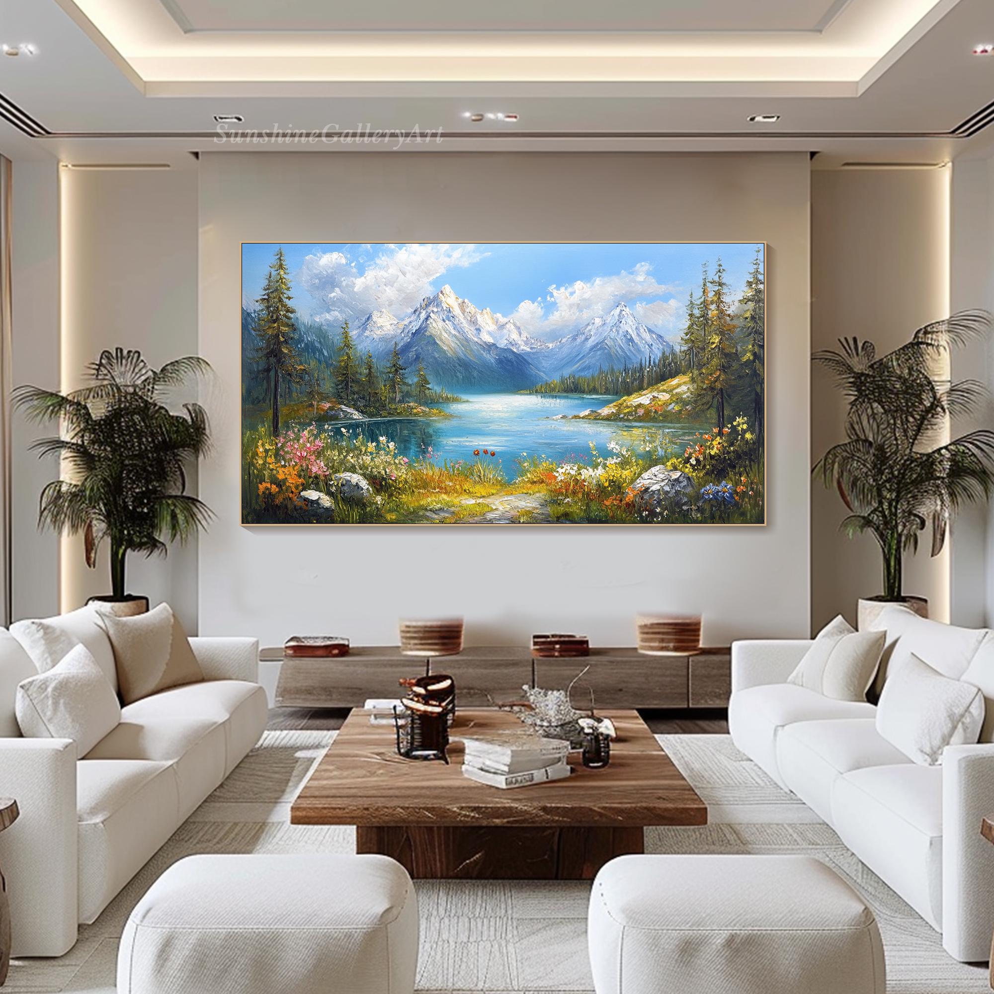Mountain Lake Oil Textured Wall Art Nature Painting on Canvas Snowy ...