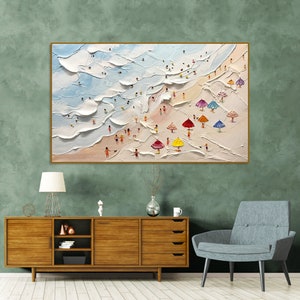 May include: A colourful painting depicting a beach scene with many people and colourful umbrellas. The painting is done in a textured style, giving the impression of thick paint.