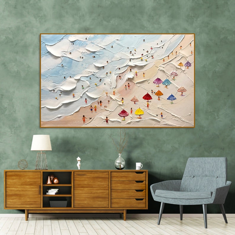 May include: A colourful painting depicting a beach scene with many people and colourful umbrellas. The painting is done in a textured style, giving the impression of thick paint.