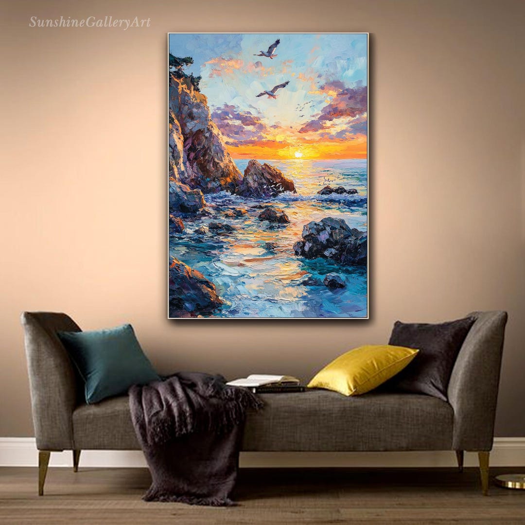 Sunset Ocean Cliff Painting on Canvas Original Coastal Landscape ...