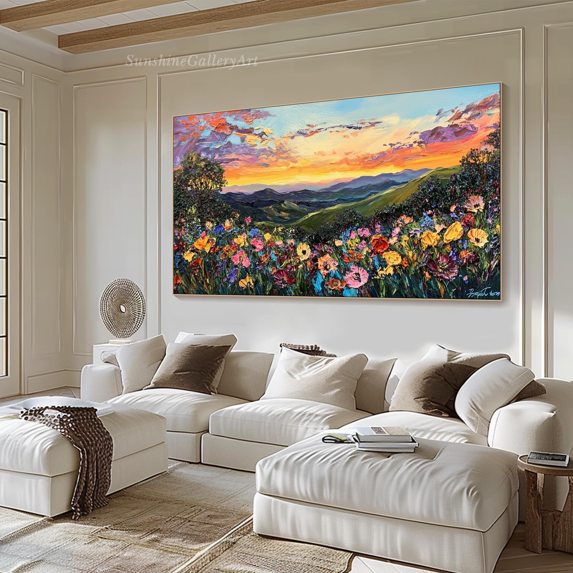 Sunset Wildflower Textured Wall Art Floral Field Painting on Canvas ...