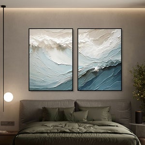 3D Textured Painting on Canvas Blue ocean Diptych Minimalist Painting Sea Wave Painting Wabi-Sabi Wall Art Morden Art Bedroom Wall Decor image 6
