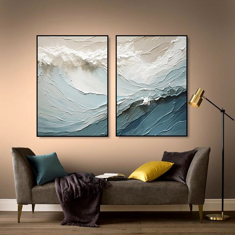 3D Textured Painting on Canvas Blue ocean Diptych Minimalist Painting Sea Wave Painting Wabi-Sabi Wall Art Morden Art Bedroom Wall Decor image 8