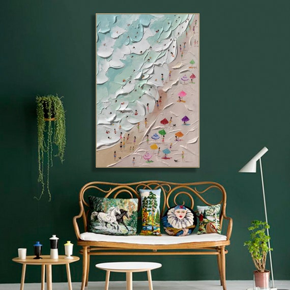Happy Coast Painting Swimming Painting Custom Painting Texture Wall Art Personalized Gift Summer Art Costal Art Crowds on the Shore Painting