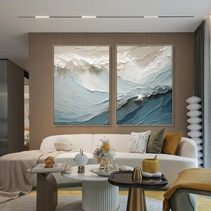 3D Textured Painting on Canvas Blue ocean Diptych Minimalist Painting Sea Wave Painting Wabi-Sabi Wall Art Morden Art Bedroom Wall Decor image 2
