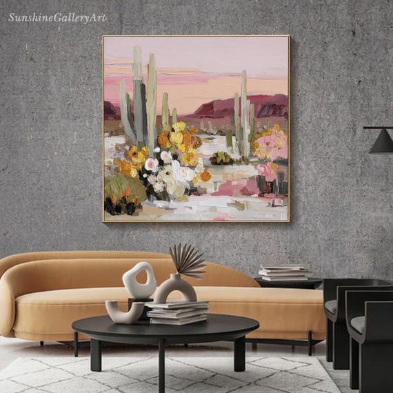 Southwestern Desert Painting on Canvas Pink Sky Cactus Art Floral Textured Boho Wall Decor  Modern Desert Art Living room Wall Art