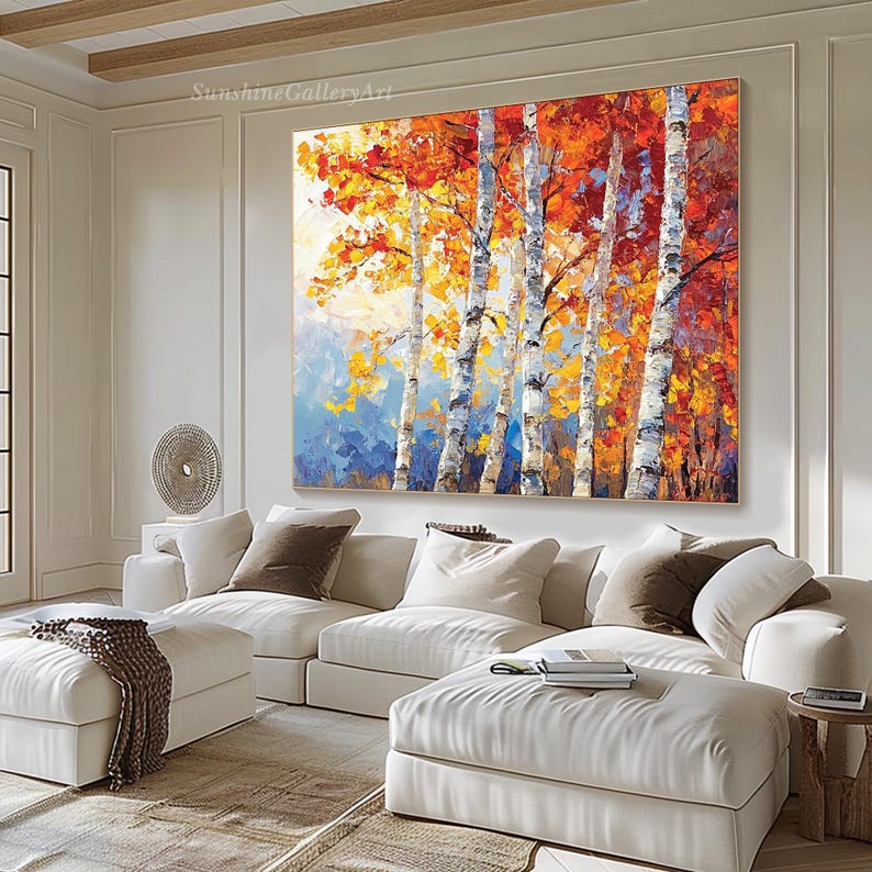 Puede incluir: Una gran pintura abstracta que representa una escena de bosque con abedules en primer plano. Los &aacute;rboles est&aacute;n pintados en tonos de blanco, amarillo, naranja y rojo. El fondo es un paisaje azul y verde.