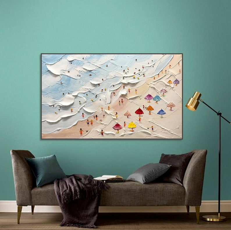 May include: A painting depicting a beach scene with colourful umbrellas and people in the water and on the sand.