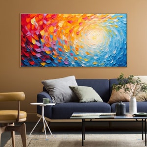 May include: Abstract painting with a swirling pattern of colorful brushstrokes in shades of red, orange, yellow, blue, and purple. The center of the painting features a white circle.