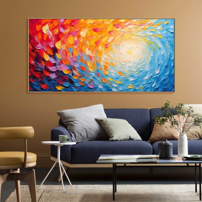 May include: Abstract painting with a swirling pattern of colorful brushstrokes in shades of red, orange, yellow, blue, and purple. The center of the painting features a white circle.