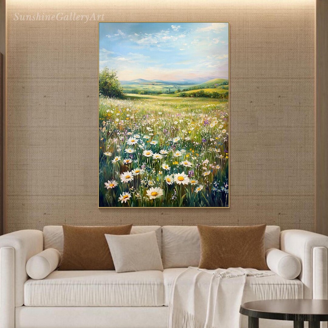 Wildflower Meadow Painting on Canvas Textured Daisy Field Wall Art ...
