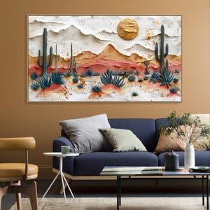 May include: A textured painting of a desert landscape with cacti, mountains, and a sun in the sky. The painting is done in shades of brown, orange, and blue.