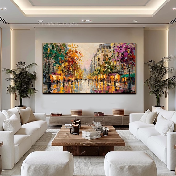 Paris Street Oil Painting on Canvas Colorful Cityscape Art Textured Wall Art Urban Canvas Romantic Evening Scene Art Large Living room Decor