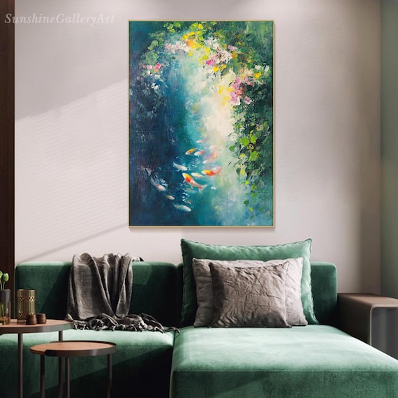 Koi Fish Painting on Canvas Impressionist Pond Textured Wall Art Abstract Water Art Vibrant Nature Art Hand Painted Canvas Zen Art for Home