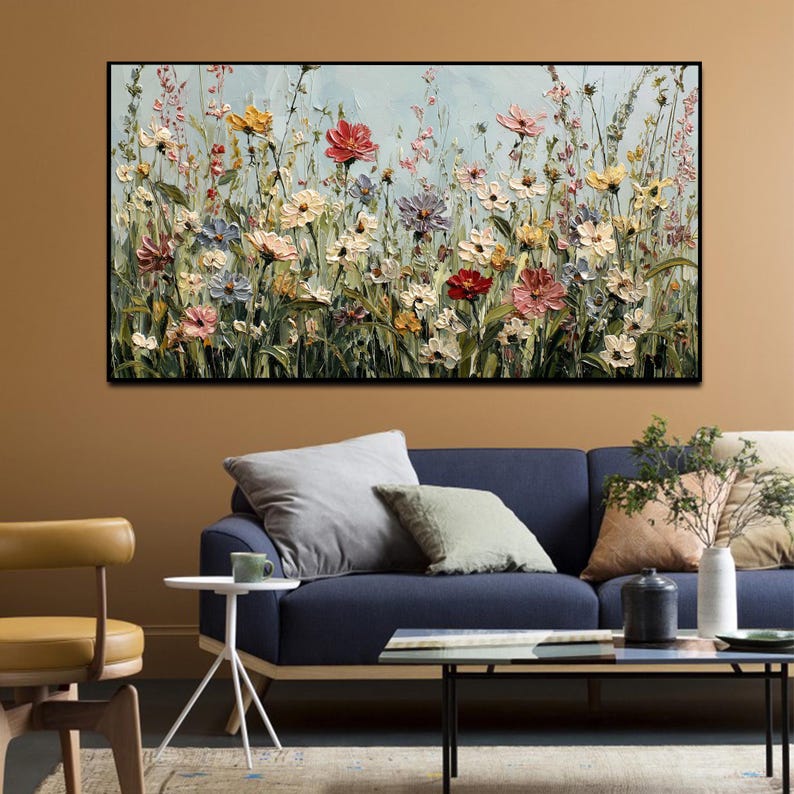 Impressionist Wildflower Field Oil Painting Large Textured Floral Wall ...
