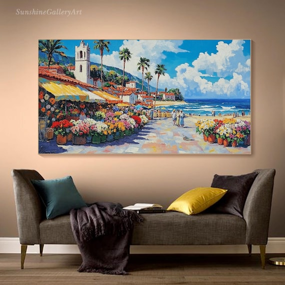 Coastal Village Painting On Canvas Flower Market Texture Wall Art Mediterranean Seaside Artwork Colorful Beach Town Painting Living Room Art