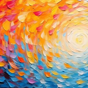 May include: Abstract painting with a swirling pattern of red, orange, yellow, blue, and white paint. The colors blend together to create a sense of movement and energy.