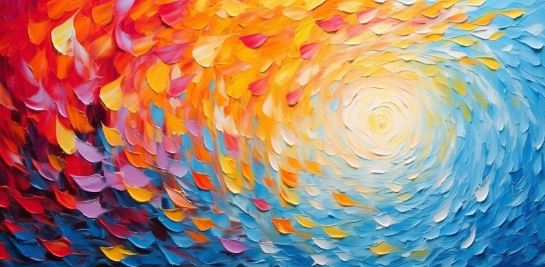 May include: Abstract painting with a swirling pattern of red, orange, yellow, blue, and white paint. The colors blend together to create a sense of movement and energy.