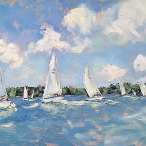 Op de afbeelding: Een schilderij van zeilboten op een meer met een blauwe lucht en witte wolken. De zeilboten zijn wit en hebben verschillende groottes. Het water is blauw en er zijn rimpels op het oppervlak.