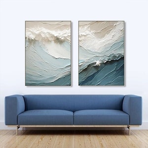 3D Textured Painting on Canvas Blue ocean Diptych Minimalist Painting Sea Wave Painting Wabi-Sabi Wall Art Morden Art Bedroom Wall Decor image 5