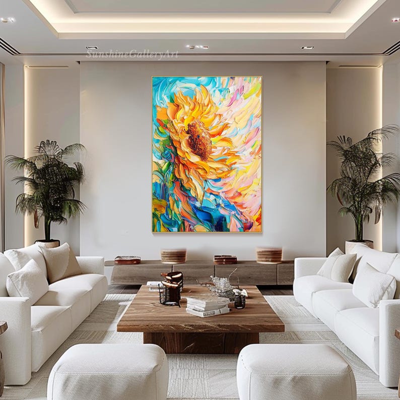 May include: A colorful abstract painting of a sunflower with yellow petals and a dark brown center. The background is a mix of blue, green, and pink hues. The painting is framed in a gold frame and is hanging on a white wall.