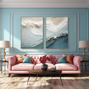 3D Textured Painting on Canvas Blue ocean Diptych Minimalist Painting Sea Wave Painting Wabi-Sabi Wall Art Morden Art Bedroom Wall Decor image 3